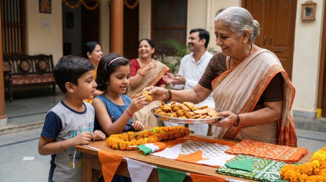 Joyful Indian Family Celebrating India's Independence Day with Homemade Food and Traditional Decorations