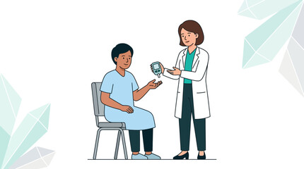 Fototapeta premium Pharmacist Advising Patient on Blood Glucose Monitoring with Glucometer - Vector Illustration