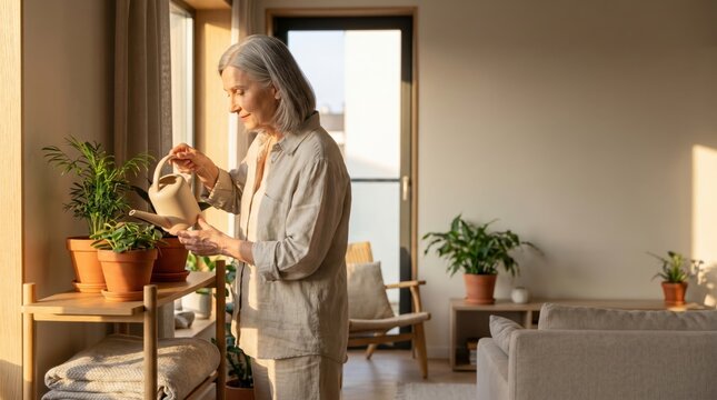 Senior Citizen Day: Woman Watering Houseplant at Home