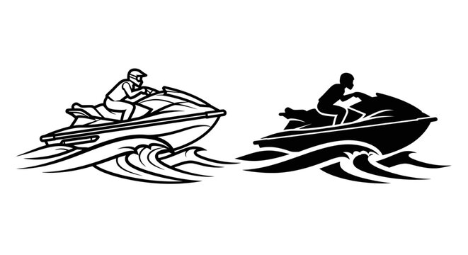 Jet Ski Silhouette With Waves Black And White Graphic