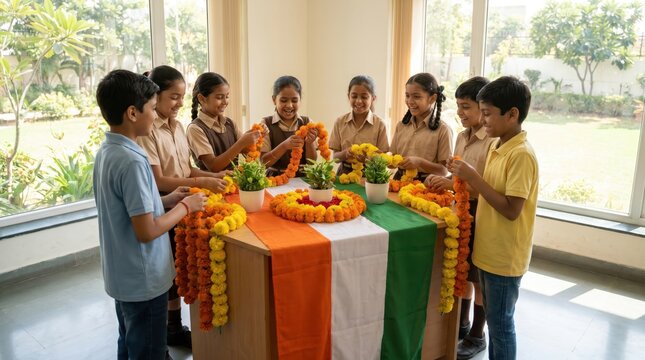 Students Decorate for India's Independence Day with Marigold Garlands and Tricolor Fabric