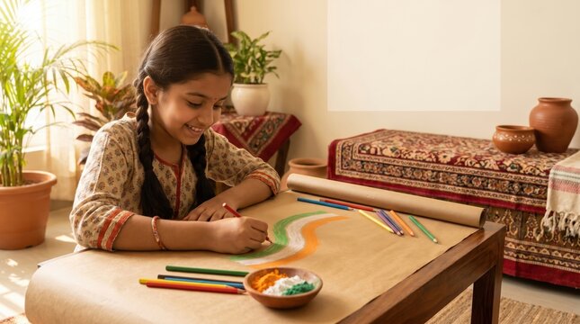 Young Indian Girl Joyfully Creates Tricolor Art for India's Independence Day Celebration