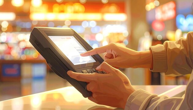 Hands interacting with a payment terminal touchscreen in a brightly lit retail store