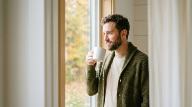 Thoughtful bearded man wearing a cozy green cardigan stands by a window while enjoying a hot cup of coffee or tea during a peaceful autumn morning at home, representing serene lifestyle and relaxation