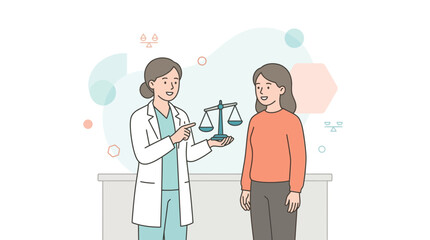 Fototapeta premium Pharmacist Consults Customer, Holding Scales of Justice Symbolizing Prescription Balance and Medical Advice