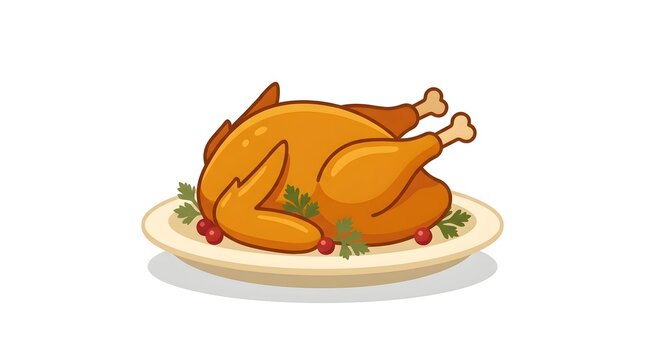 Clean flat vector illustration of a golden-brown whole roasted turkey served on a serving plate decorated with fresh parsley garnishes and cranberries. Isolated on a plain white background, perfect fo