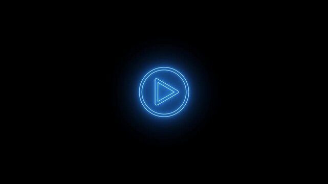 Glowing neon Minimalist white video play button icon on black background