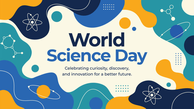 Celebrate World Science Day with this abstract vector banner. Features fluid shapes, atoms, and planets. Perfect for educational posters, school events, and presentations.