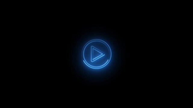 Glowing neon Minimalist white video play button icon on black background