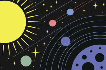 Retro Style Solar System Vector Illustration With Planets Sun And Starry Night Sky © ShreeShuvoKumar