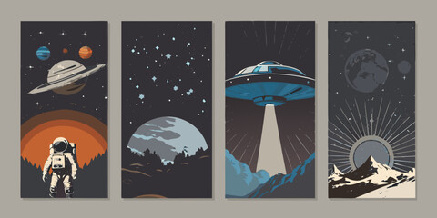 Retro Space Exploration Vector Illustrations Astronaut Planets Ufo And Earth Views planet saturn © ShreeShuvoKumar