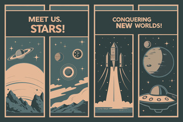 Retro style vector illustration of planets rocket ship and space exploration themes on a teal background © ShreeShuvoKumar