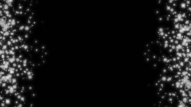 4k elegant vertical side borders with falling snowflakes and sparkling glitter dust motion graphics looping on black background for professional Christmas video overlays