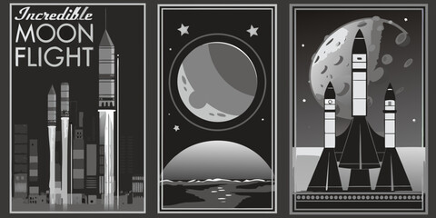 Obraz premium Vintage Space Travel Posters Featuring Rockets The Moon And Launchpads In A Retro Style