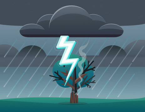 Lightning Striking a Burnt Tree During Thunderstorm Flat Vector Illustration