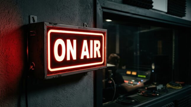 Red glowing on air sign mounted on a dark studio wall indicates a live recording session or broadcast in progress, featuring a blurred sound engineer working at a professional mixing console and