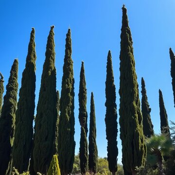 Tall cypress trees silhouetted against a bright blue Tuscan sky, landscape, mountain