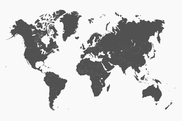 Dark gray world map silhouette on a white background depicting continents and oceans © ShreeShuvoKumar