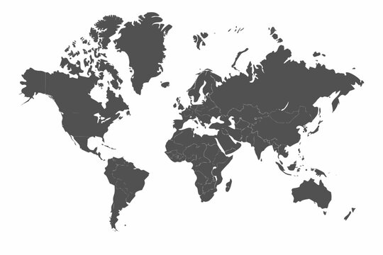 Dark gray world map silhouette against a white background depicting continental landmasses and oceans