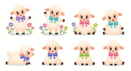 Naklejka premium Vector illustration set featuring a collection of adorable stylized cartoon characters, cute animal figures, and whimsical decorative elements isolated on a plain white background.