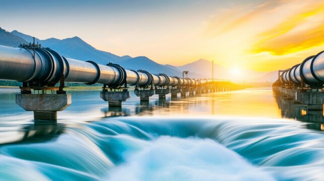 Stunning Industrial Landscape with Massive Pipes Overlooking Serene Water Flow at Sunset