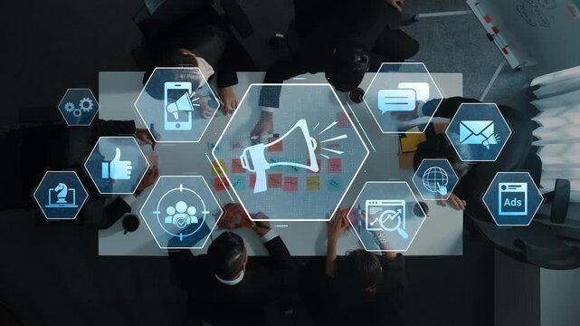 A dynamic group collaborates on digital marketing strategies, surrounded by icons representing communication and technology in a modern office setting. Raster