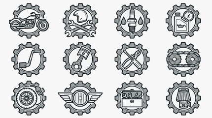 Creative Set of 12 Monochromatic Gear Icons Featuring Motorcycle Tools Engine Parts and Vehicle Maintenance Symbols © Ikuj