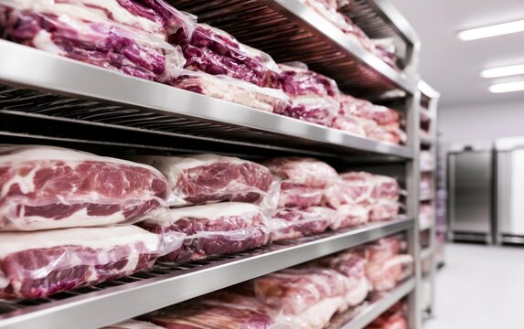 Vacuum Sealed Meat Storage in Commercial Kitchen with Organized Shelves and Meat Packaging