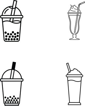 Four beverage line art icons featuring boba tea and sundaes silhouette