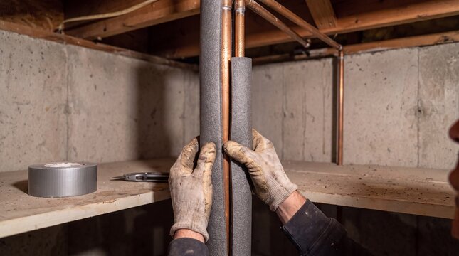 Worker installing foam insulation sleeves on copper water pipes in basement. Close-up view of technician hands in gloves wrapping thermal pipe insulation for winterization freeze protection