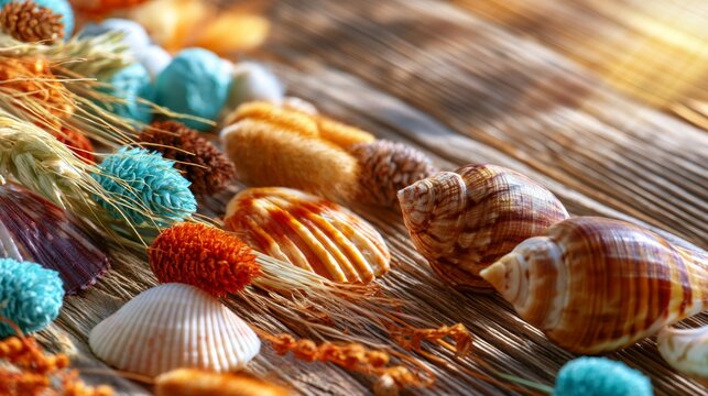 Decorative Still Life Composition of Preserved Botanicals and Colorful Seashells on Natural Background