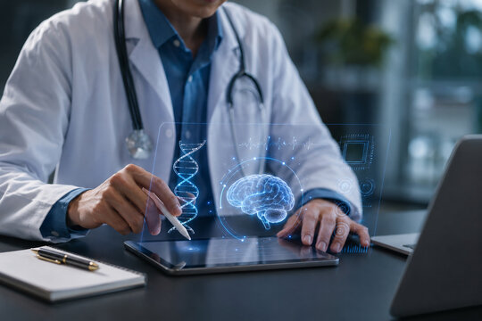 AI generated healthcare AI technology physician using digital brain DNA analytics for precision medicine clinical research diagnostics medical innovation