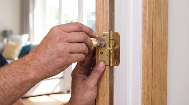 Close-up view of technician hands oiling brass hinge on wooden frame to fix squeak during home maintenance, side profile shot