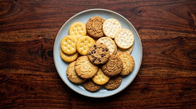 Assorted delicious cookies and crispy savory crackers arranged on a ceramic plate over a dark rustic wooden table surface. This high quality food