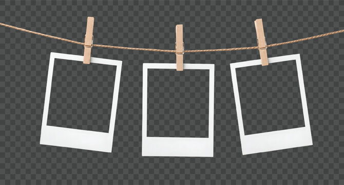 Hanging Photo Frames on Rope with Clothespins Isolated PNG