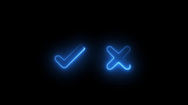 Tick or check mark and cross mark signs neon icon animation. right and wrong animated neon icons, False and true. accept and reject.Motion graphics of concept