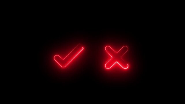 Tick or check mark and cross mark signs neon icon animation. right and wrong animated neon icons, False and true. accept and reject.Motion graphics of concept