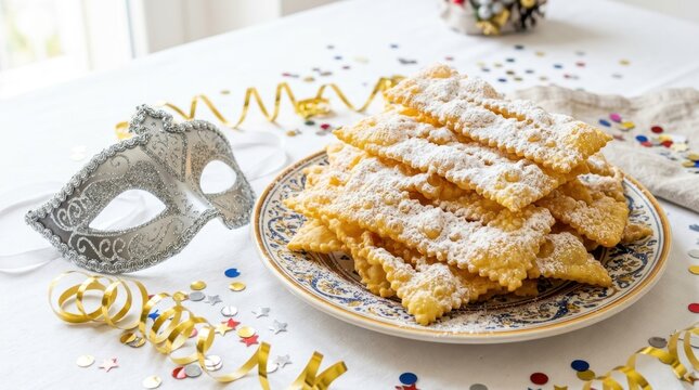 Delicious traditional Italian carnival chiacchiere pastries dusted with powdered sugar on a decorative ceramic plate with silver masquerade mask and colorful festive confetti on white tablecloths