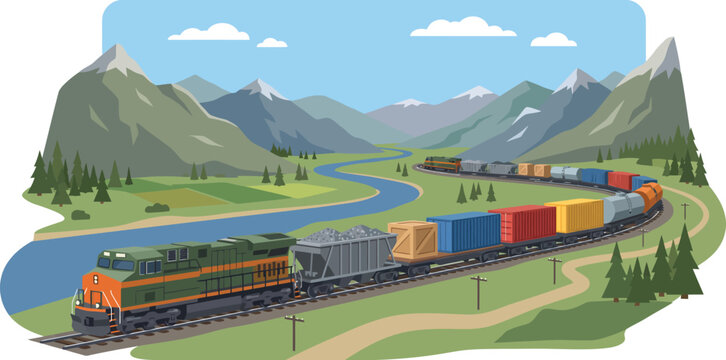 Freight Train Traveling Through Scenic Mountain Valley Landscape Vector
