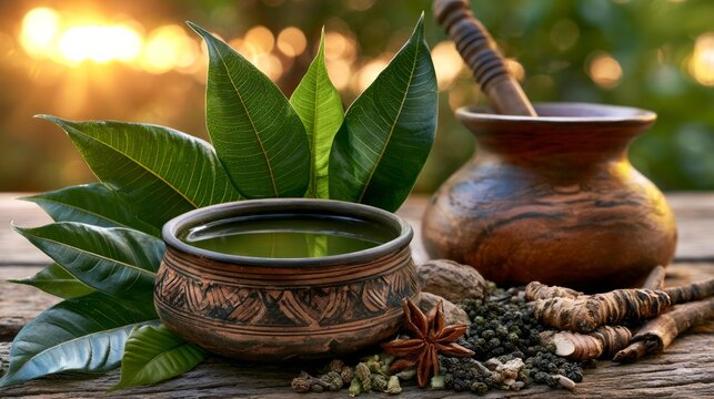 Traditional Culinary Spices and Herbal Infusions in Rustic Bowls Surrounded by Fresh Green Leaves