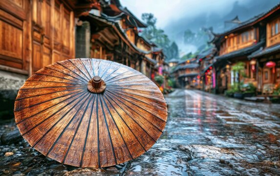 Handcrafted Umbrella on a Rainy Street in an Ancient Village with Traditional Architecture and Mood