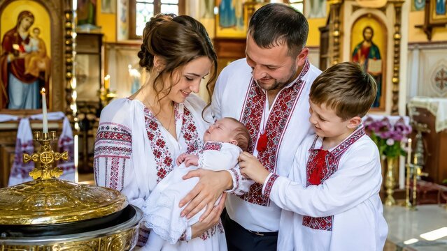 A happy family dressed in traditional embroidered clothing celebrating a christening ceremony in a church. The parents are holding their newborn baby, while their older son looks on lovingly.