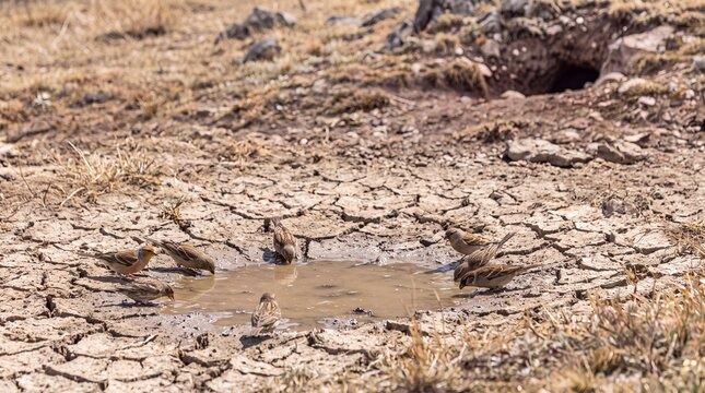 Flock of small finches and sparrows drinking water from a puddle on dry cracked soil near an animal den