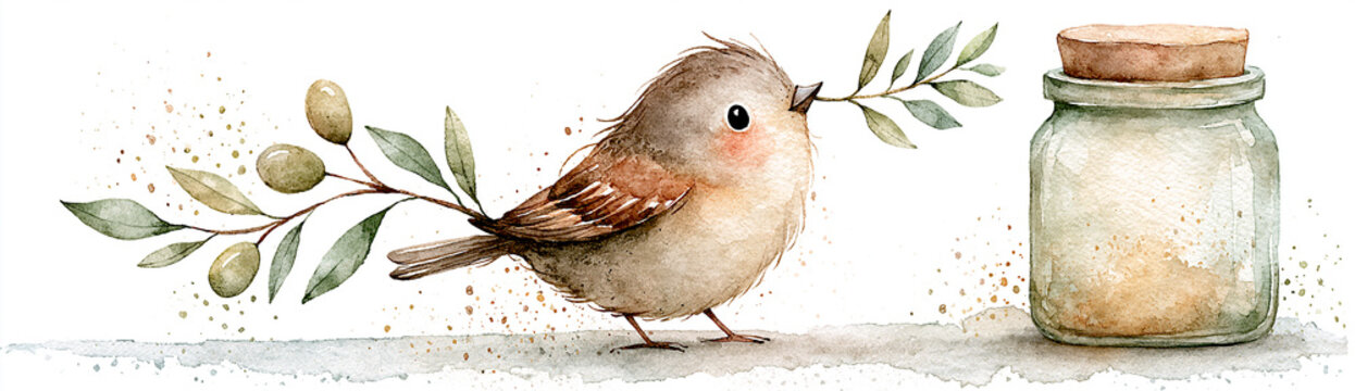 A small bird holding a leafy branch stands near a corked glass jar, illustrated in a soft, watercolor style.