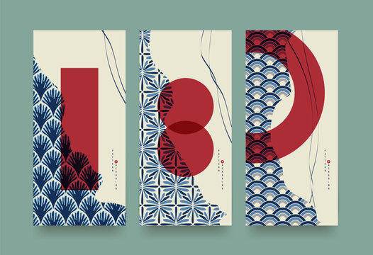 Set of Packaging templates japanese style background fabric luxury or premium products. Asian pattern art design.