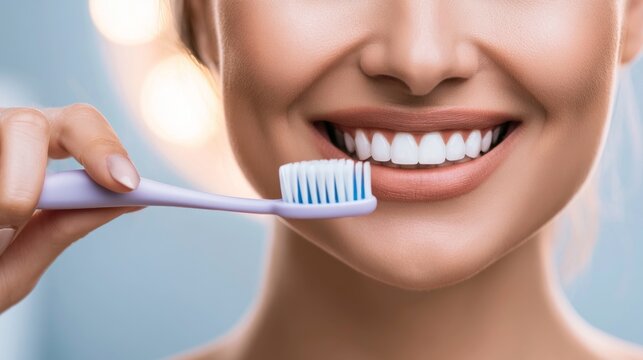 Close-up of Smiling Woman Holding Toothbrush with Healthy Teeth in Bright Dental Healthcare Setting