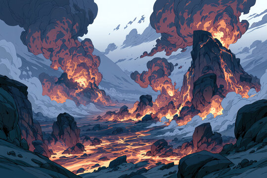 Fiery Explosions Erupting Across Rocky Mountain Terrain Background