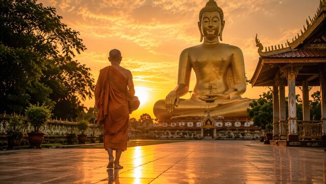 A Buddhist monk walks towards a giant golden Buddha statue during sunset, bathed in warm, golden light