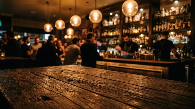Rustic wooden table top foreground with blurred background of people enjoying drinks in a warm cozy bar setting, showcasing atmospheric nightlife and hospitality perfect for restaurant promotions now.