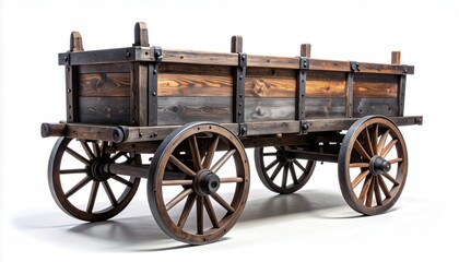 Obraz premium Old wooden wagon with spoked wheels on a white background